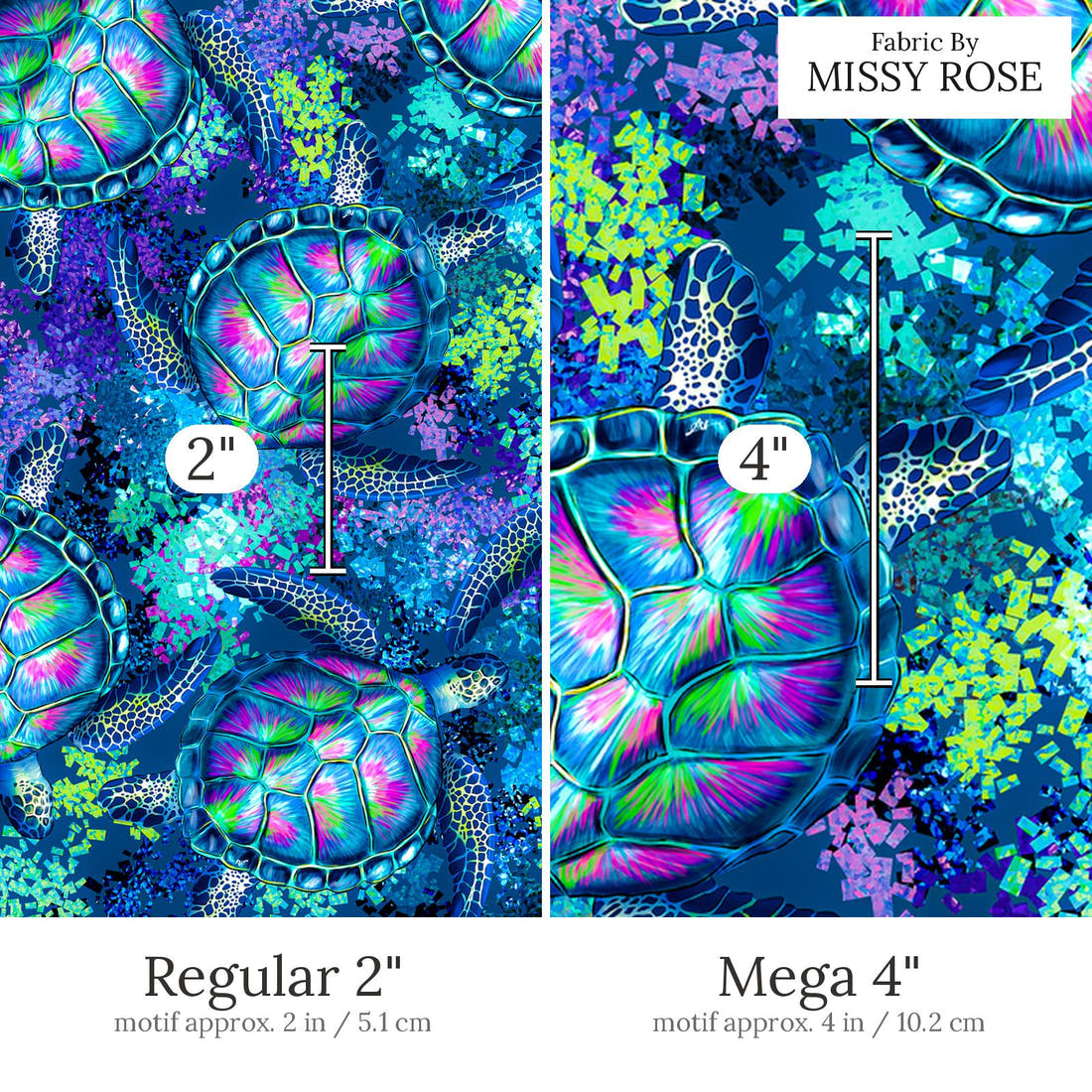 Design 444 Turtle Fabric Regular 2 inch vs Mega 4 inch print scale side by side | Fabric by Missy Rose