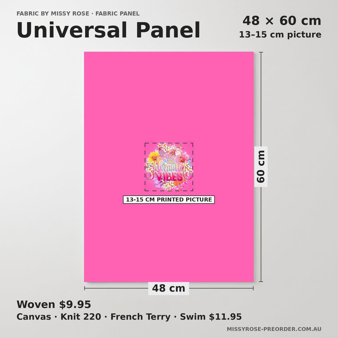 Design 445 Tropical Floral Panel universal panel sizing – 13–15 cm printed picture on 48 × 60 cm fabric | Fabric by Missy Rose