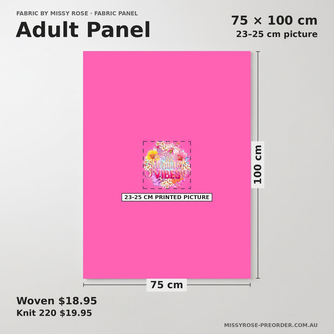 Design 445 Tropical Floral Panel adult panel sizing – 23–25 cm printed picture on 75 × 100 cm fabric | Fabric by Missy Rose
