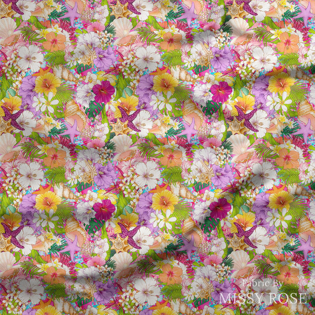 Design 445 Tropical Floral Fabric draped fabric mockup – custom printed fabric by the metre | Fabric by Missy Rose