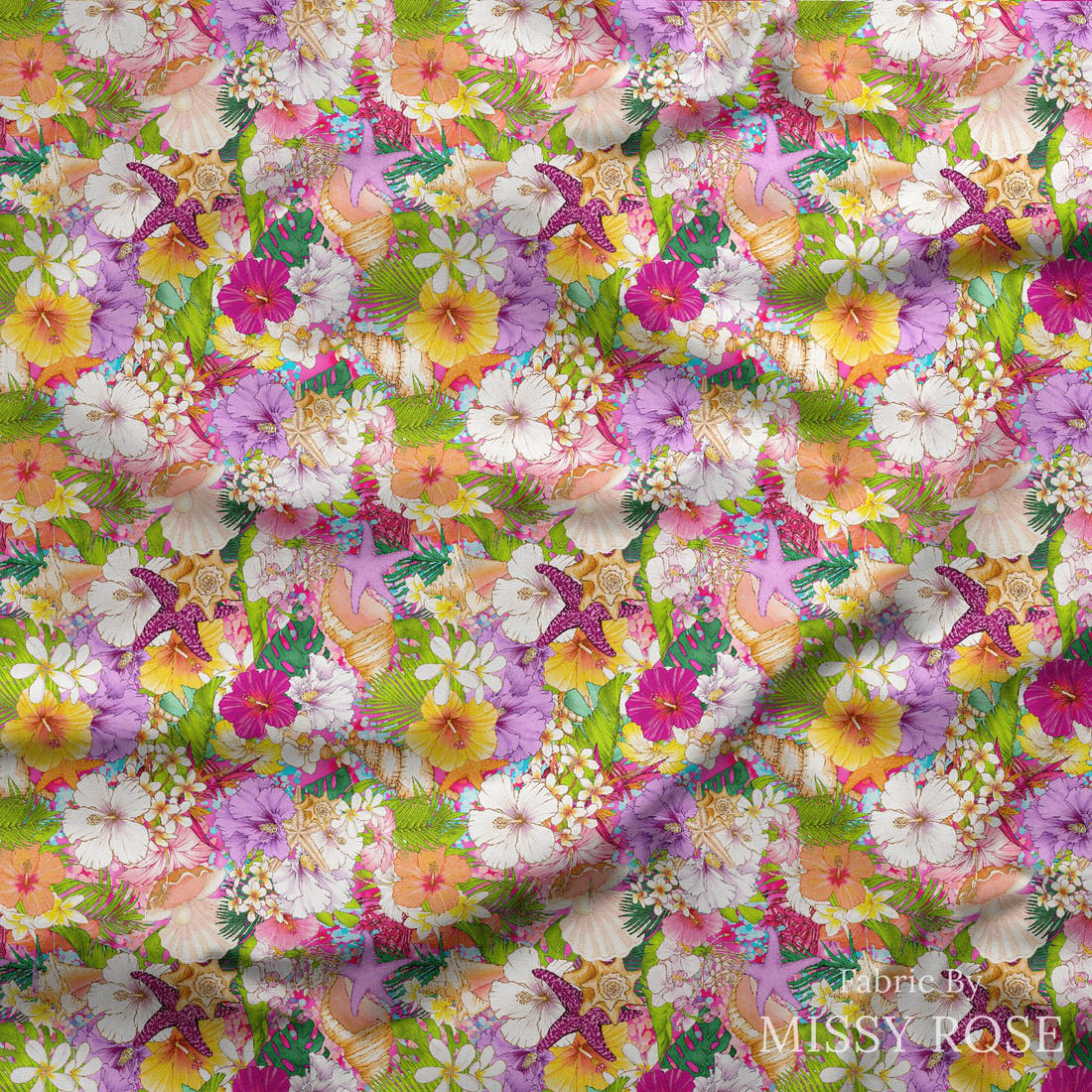 Design 445 Tropical Floral Fabric draped fabric mockup – custom printed fabric by the metre | Fabric by Missy Rose