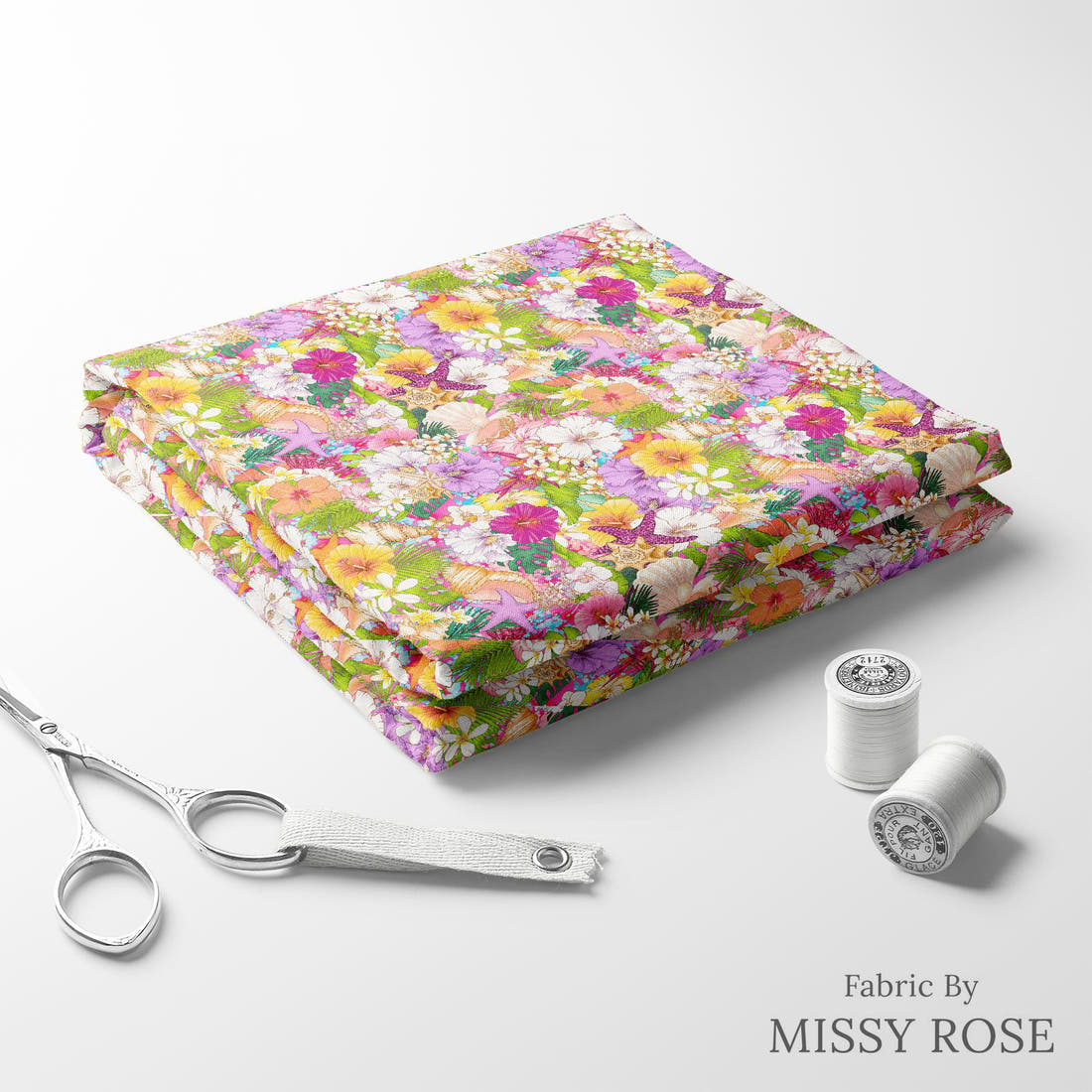 Design 445 Tropical Floral Fabric folded fabric stack with matching thread – pre-order fabric Australia | Fabric by Missy Rose