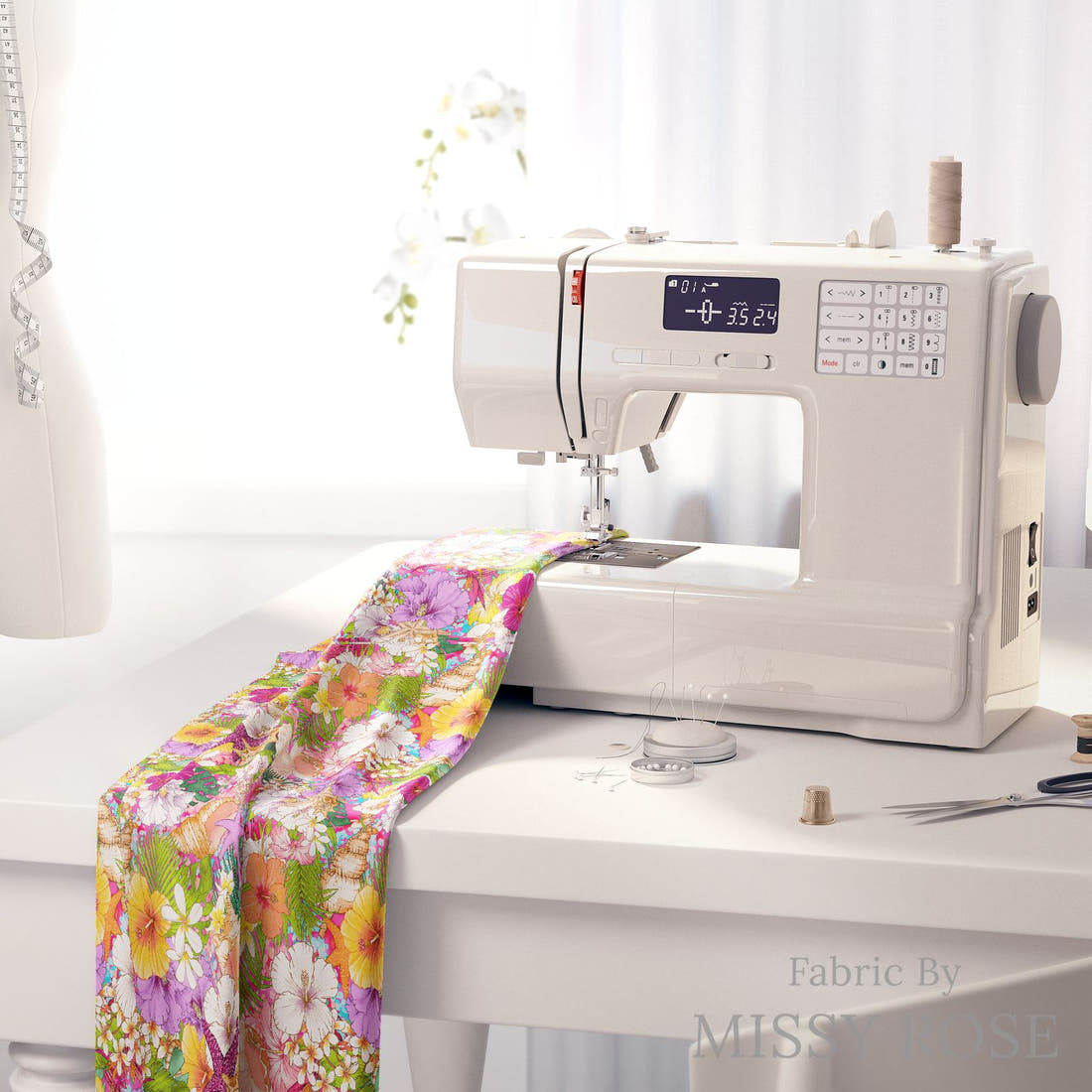 Design 445 Tropical Floral Fabric on a sewing machine – premium fabric for sewing projects | Fabric by Missy Rose