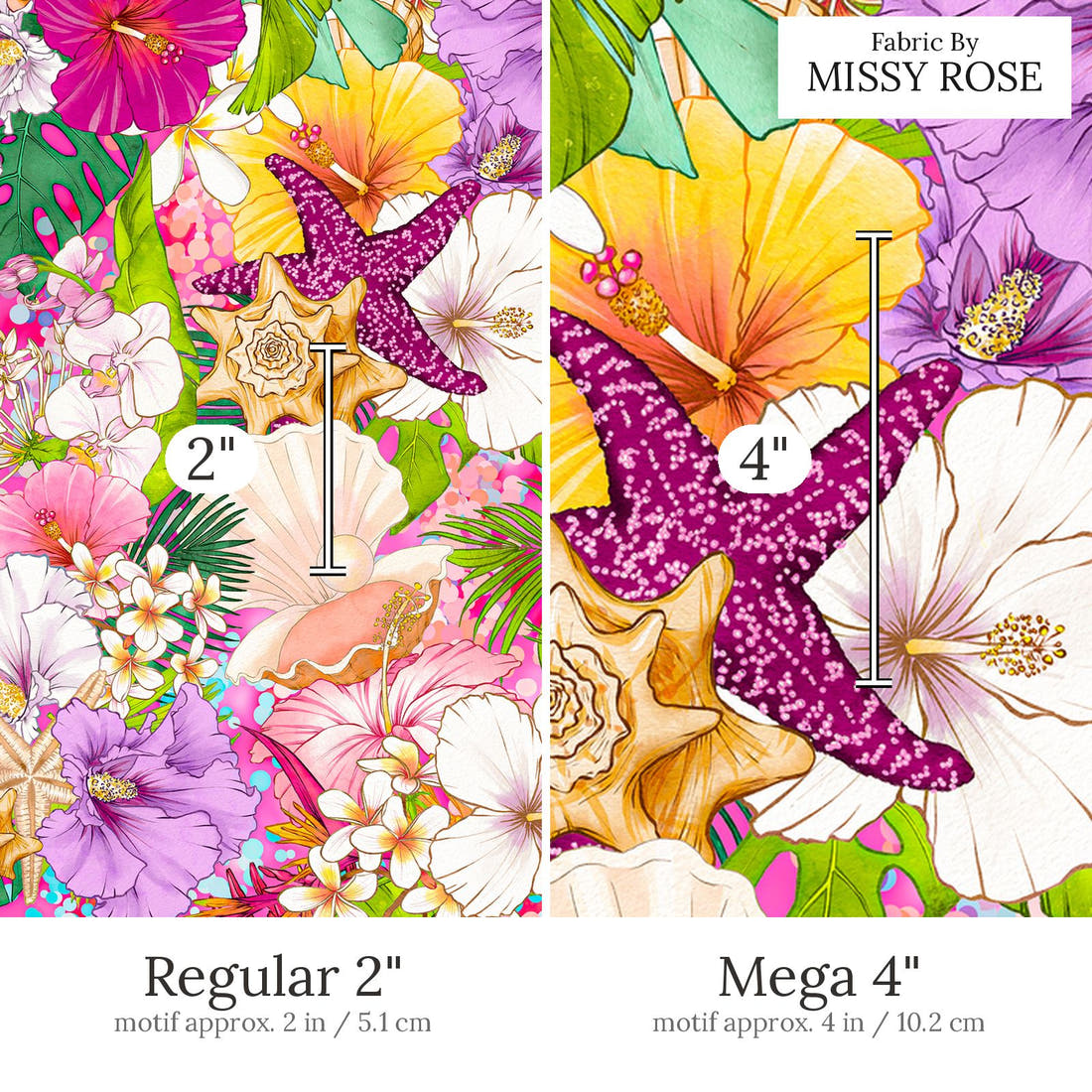 Design 445 Tropical Floral Fabric Regular 2 inch vs Mega 4 inch print scale side by side | Fabric by Missy Rose