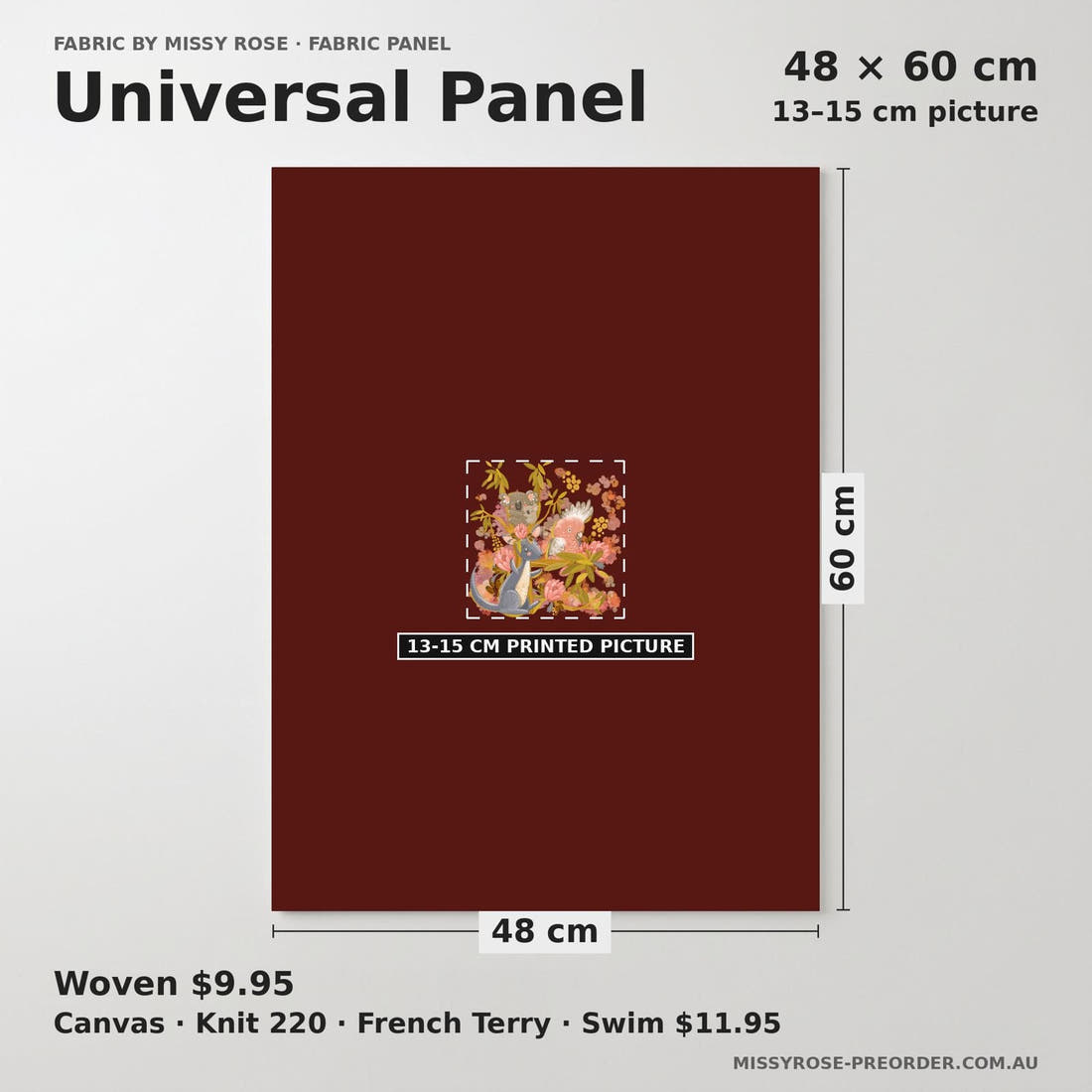 Design 446 Rustic Australian Animals Panel universal panel sizing – 13–15 cm printed picture on 48 × 60 cm fabric | Fabric by Missy Rose