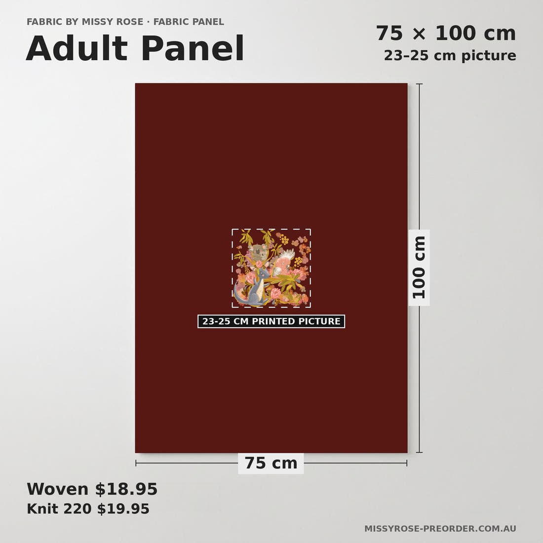 Design 446 Rustic Australian Animals Panel adult panel sizing – 23–25 cm printed picture on 75 × 100 cm fabric | Fabric by Missy Rose