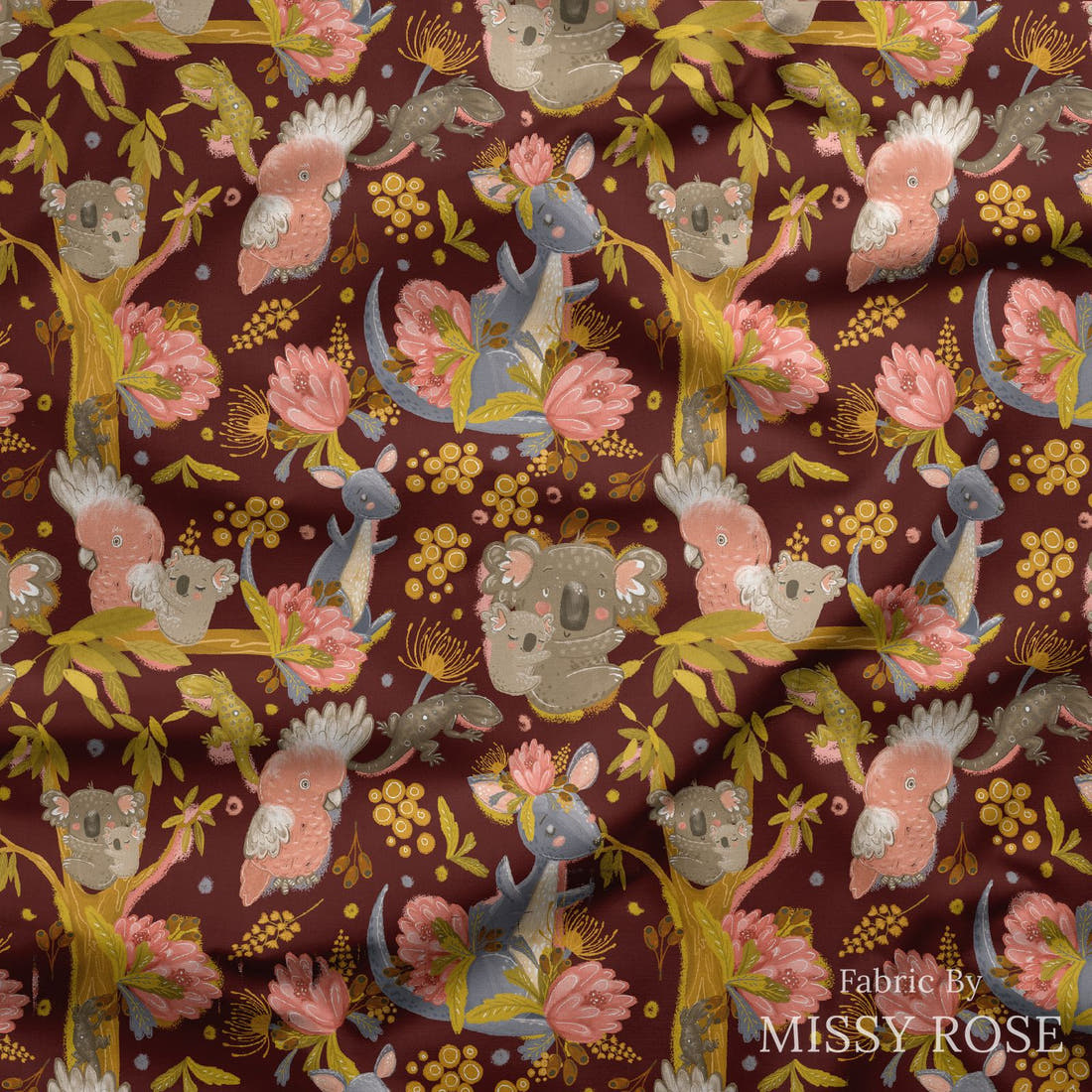 Design 446 Rustic Australian Animals Fabric draped fabric mockup – custom printed fabric by the metre | Fabric by Missy Rose