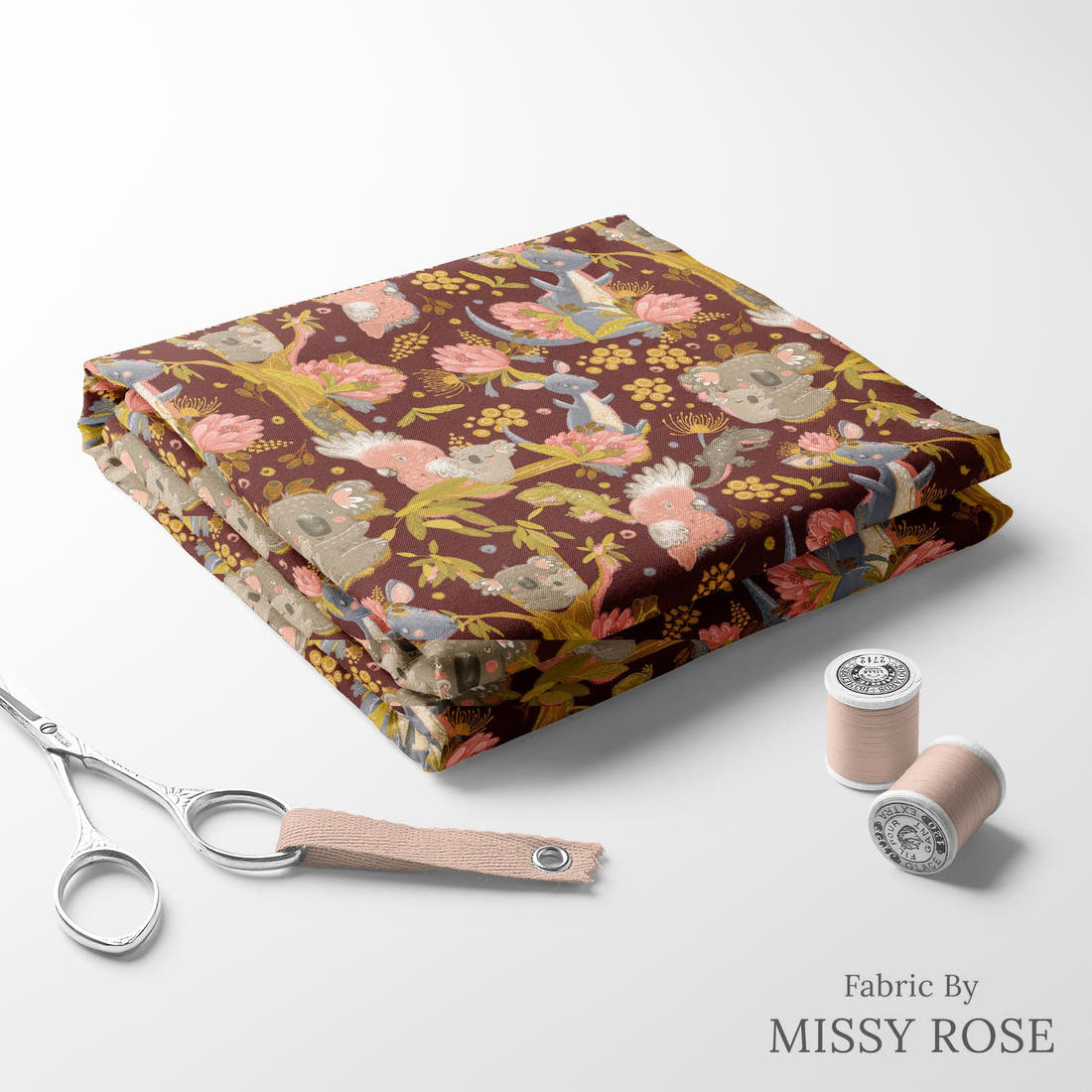 Design 446 Rustic Australian Animals Fabric folded fabric stack with matching thread – pre-order fabric Australia | Fabric by Missy Rose