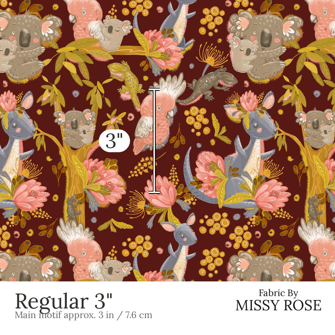 Design 446 Rustic Australian Animals Fabric Regular 3 inch print scale guide | Fabric by Missy Rose
