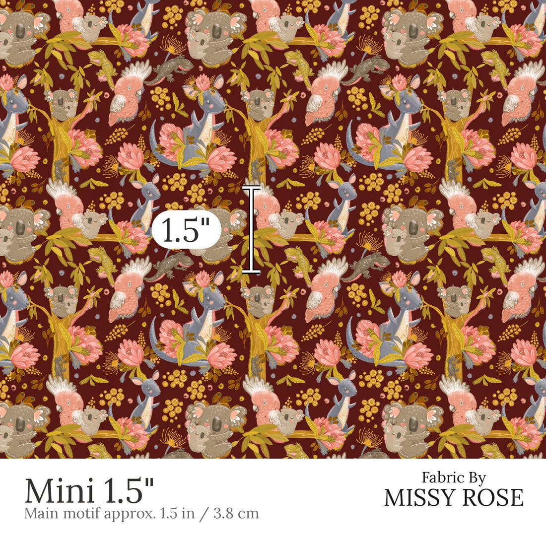 Design 446 Rustic Australian Animals Fabric Mini 1.5 inch print scale guide | Fabric by Missy Rose
