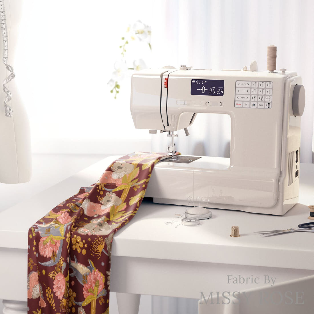 Design 446 Rustic Australian Animals Fabric on a sewing machine – premium fabric for sewing projects | Fabric by Missy Rose