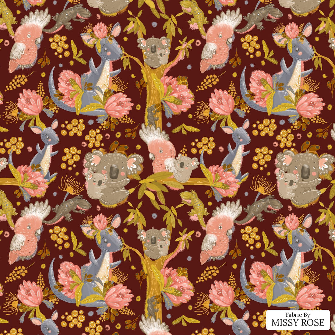 Design 446 Rustic Australian Animals - flat view of the print, zoom in for detail | Fabric by Missy Rose