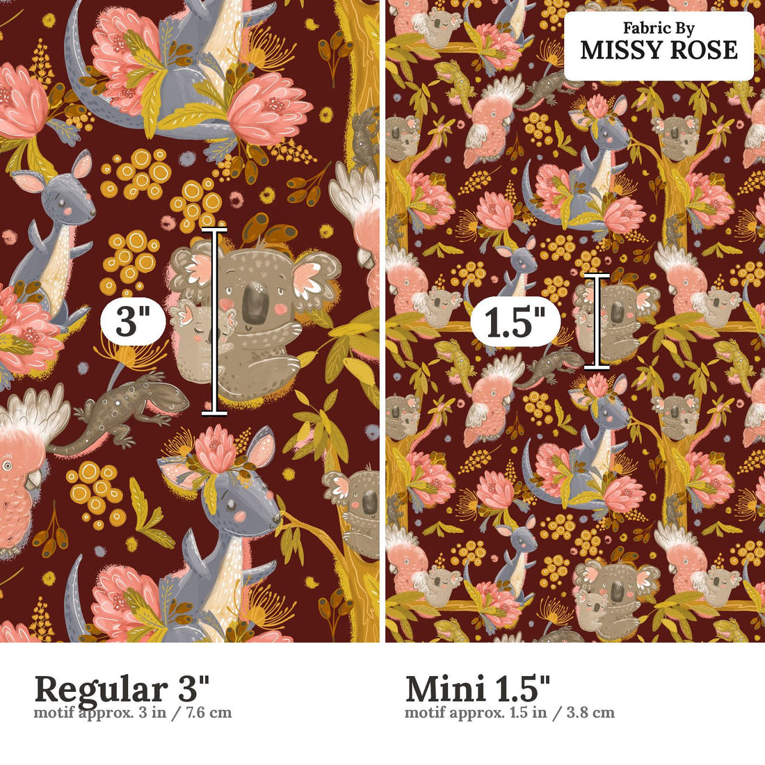 Design 446 Rustic Australian Animals size comparison - print scale | Fabric by Missy Rose