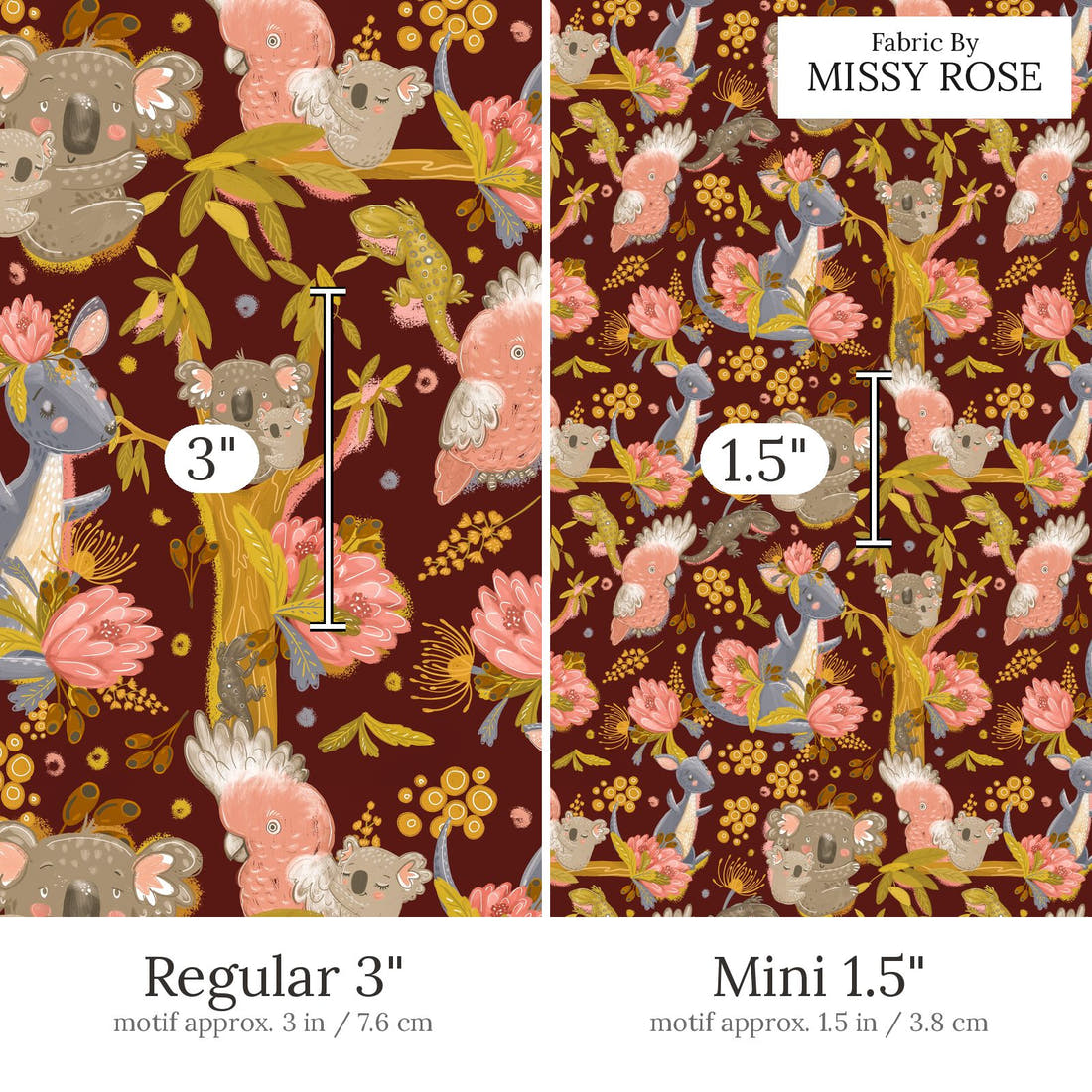 Design 446 Rustic Australian Animals Fabric Regular 3 inch vs Mini 1.5 inch print scale side by side | Fabric by Missy Rose