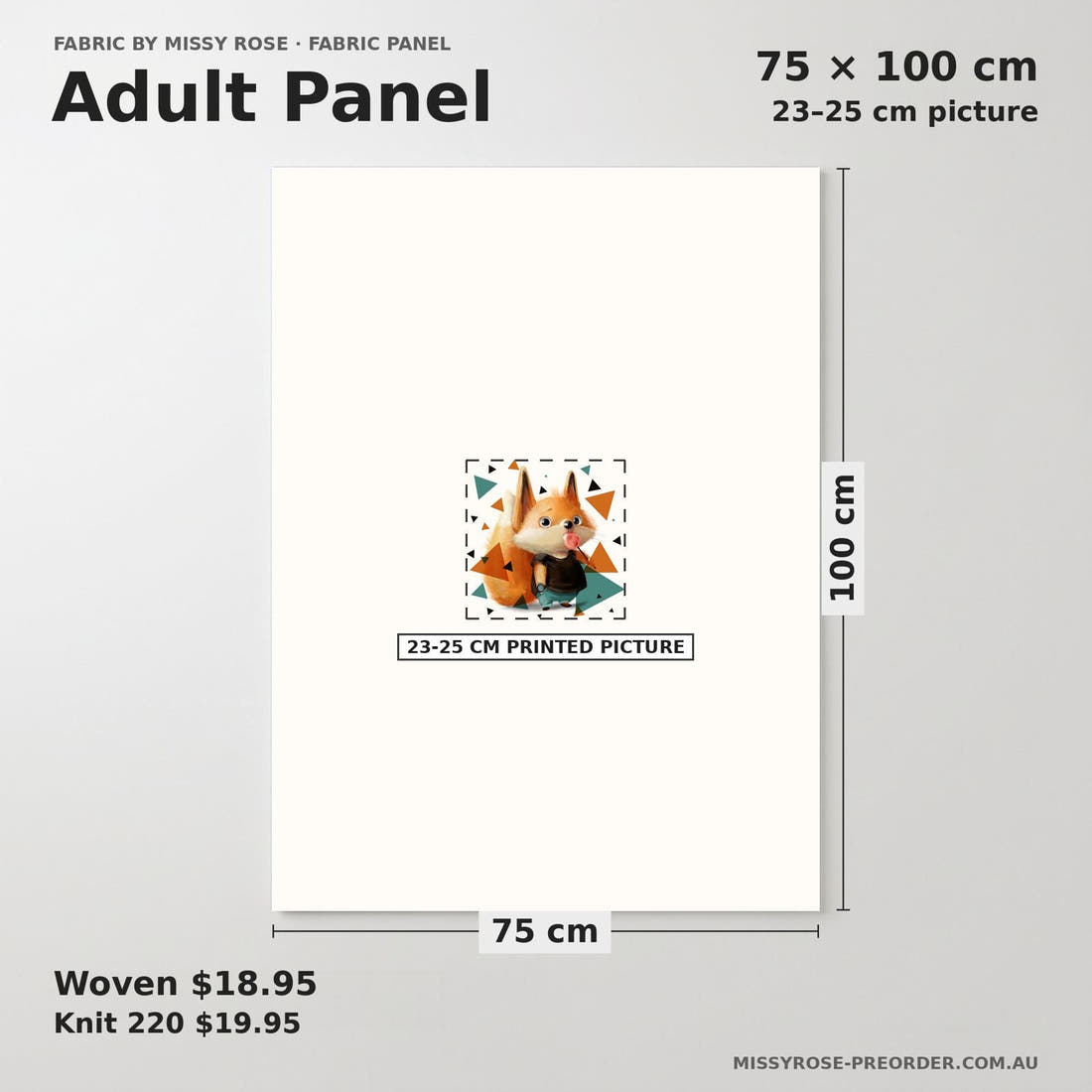 Design 447 Sweet Fox Panel adult panel sizing – 23–25 cm printed picture on 75 × 100 cm fabric | Fabric by Missy Rose