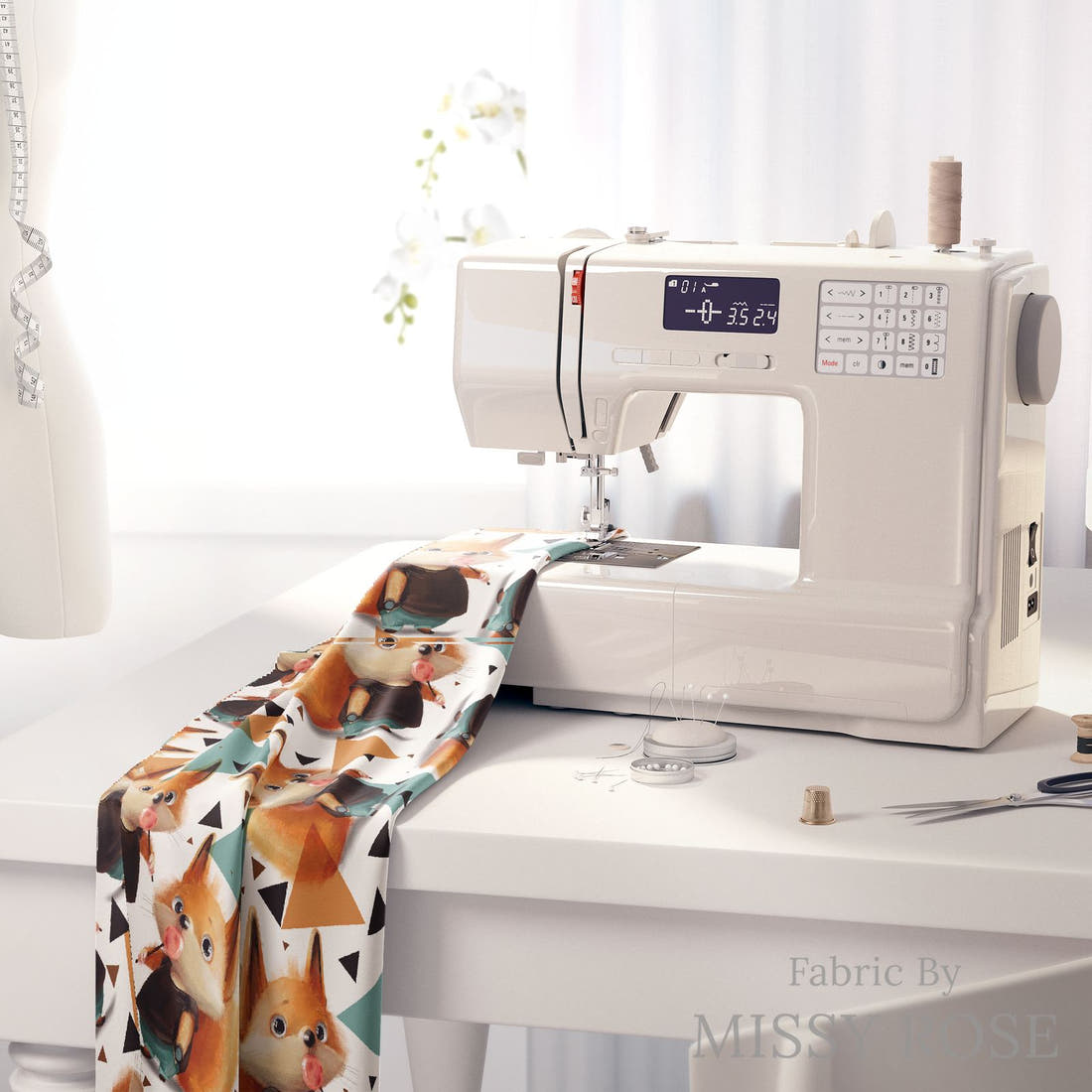 Design 447 Sweet Fox Fabric on a sewing machine – premium fabric for sewing projects | Fabric by Missy Rose