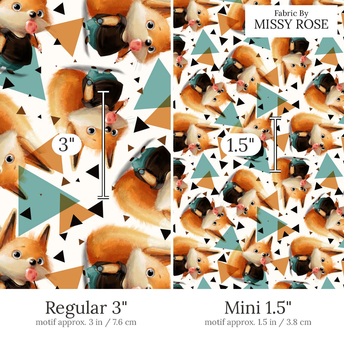 Design 447 Sweet Fox Fabric Regular 3 inch vs Mini 1.5 inch print scale side by side | Fabric by Missy Rose