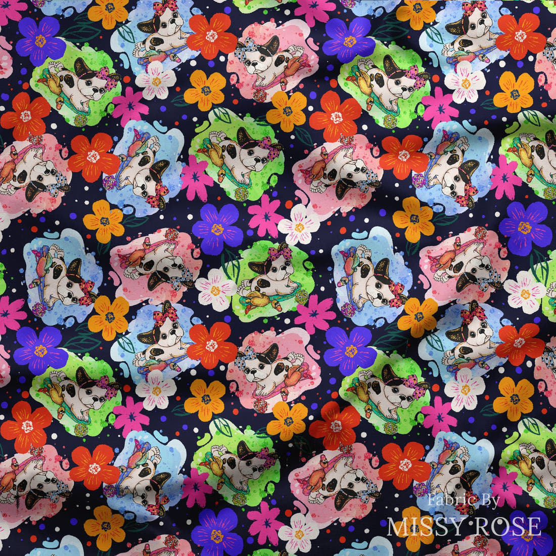 Design 448 French Bulldog Fabric draped fabric mockup – custom printed fabric by the metre | Fabric by Missy Rose