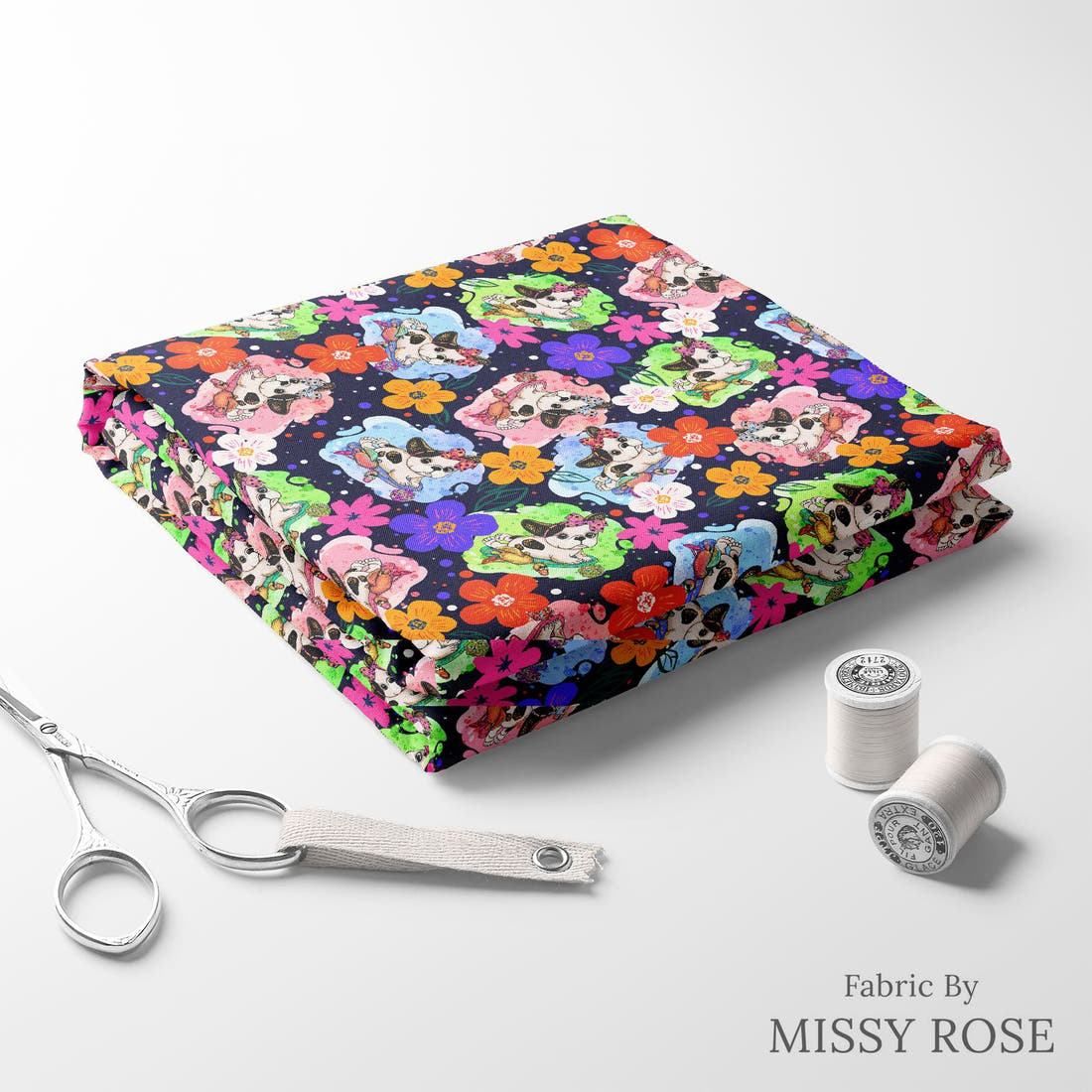 Design 448 French Bulldog Fabric folded fabric stack with matching thread – pre-order fabric Australia | Fabric by Missy Rose