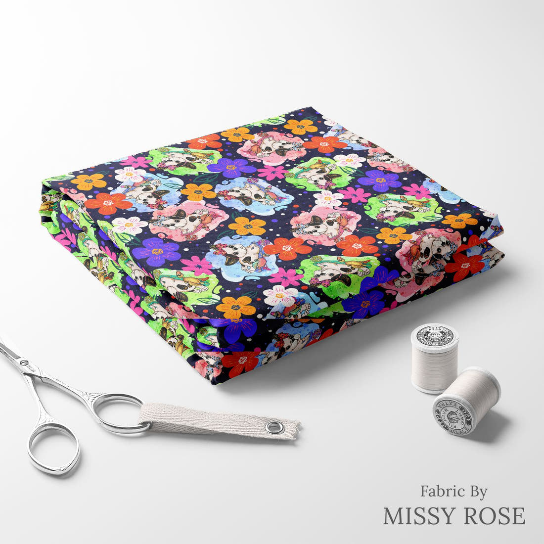 Design 448 French Bulldog Fabric folded fabric stack with matching thread – pre-order fabric Australia | Fabric by Missy Rose