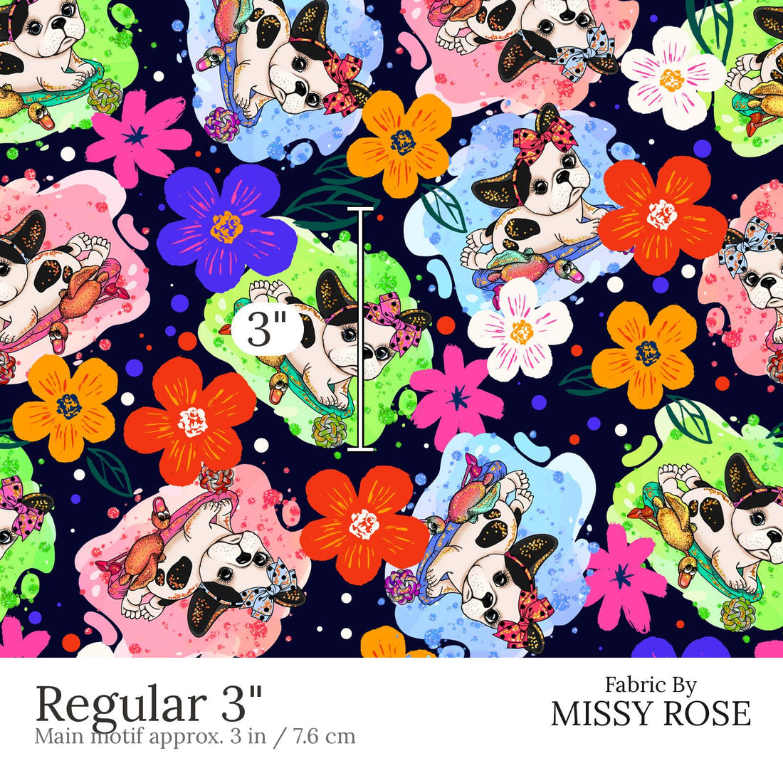 Design 448 French Bulldog Fabric Regular 3 inch print scale guide | Fabric by Missy Rose