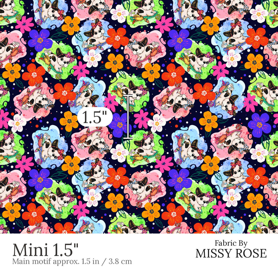 Design 448 French Bulldog Fabric Mini 1.5 inch print scale guide | Fabric by Missy Rose