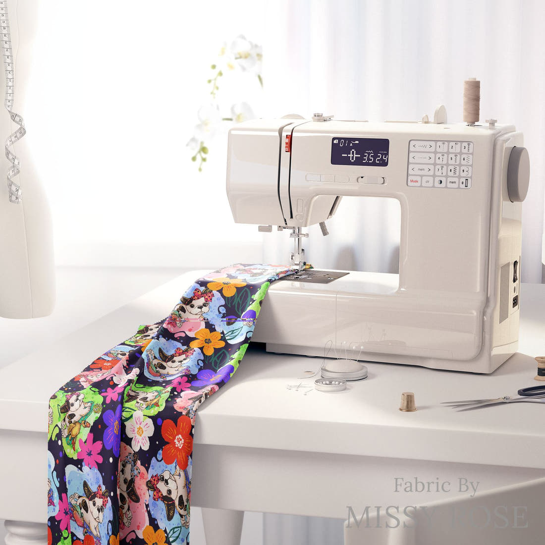 Design 448 French Bulldog Fabric on a sewing machine – premium fabric for sewing projects | Fabric by Missy Rose