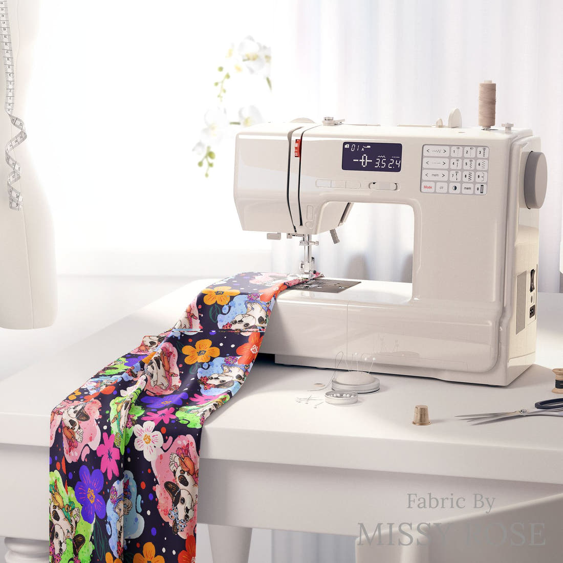 Design 448 French Bulldog Fabric on a sewing machine – premium fabric for sewing projects | Fabric by Missy Rose
