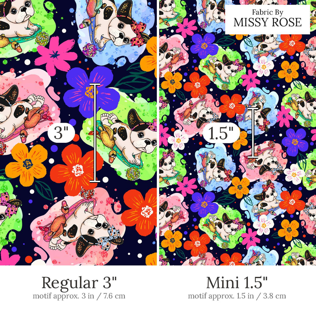 Design 448 French Bulldog Fabric Regular 3 inch vs Mini 1.5 inch print scale side by side | Fabric by Missy Rose