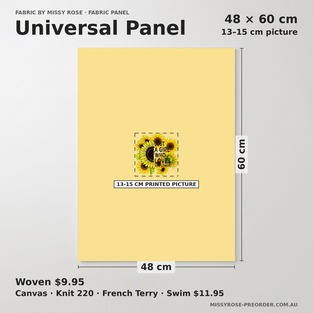 Design 449 Sunflower Panel universal panel sizing – 13–15 cm printed picture on 48 × 60 cm fabric | Fabric by Missy Rose