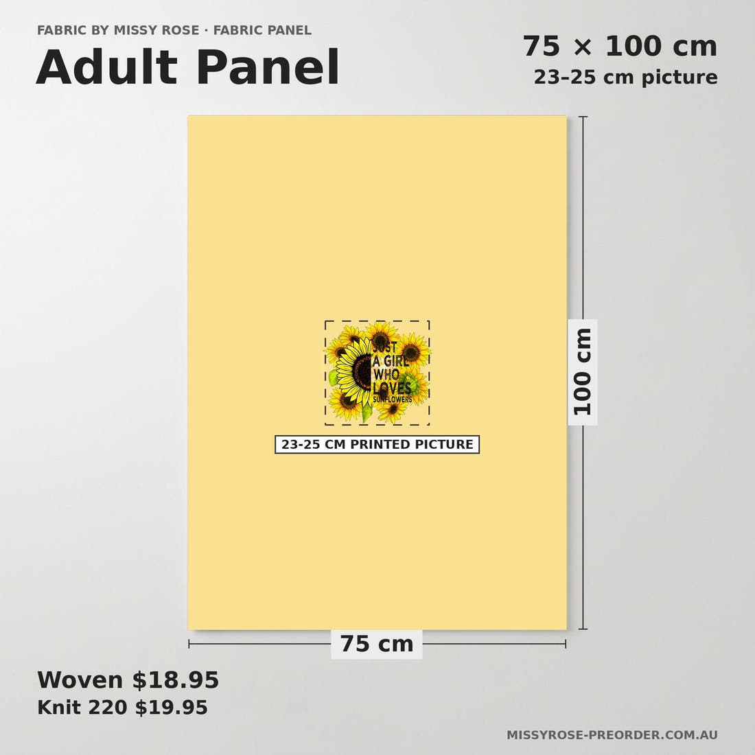Design 449 Sunflower Panel adult panel sizing – 23–25 cm printed picture on 75 × 100 cm fabric | Fabric by Missy Rose