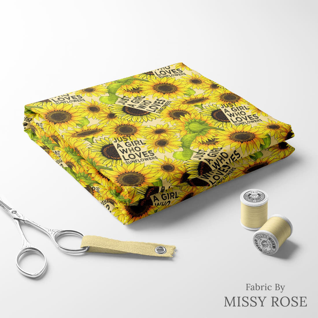 Design 449 Sunflower Fabric folded fabric stack with matching thread – pre-order fabric Australia | Fabric by Missy Rose