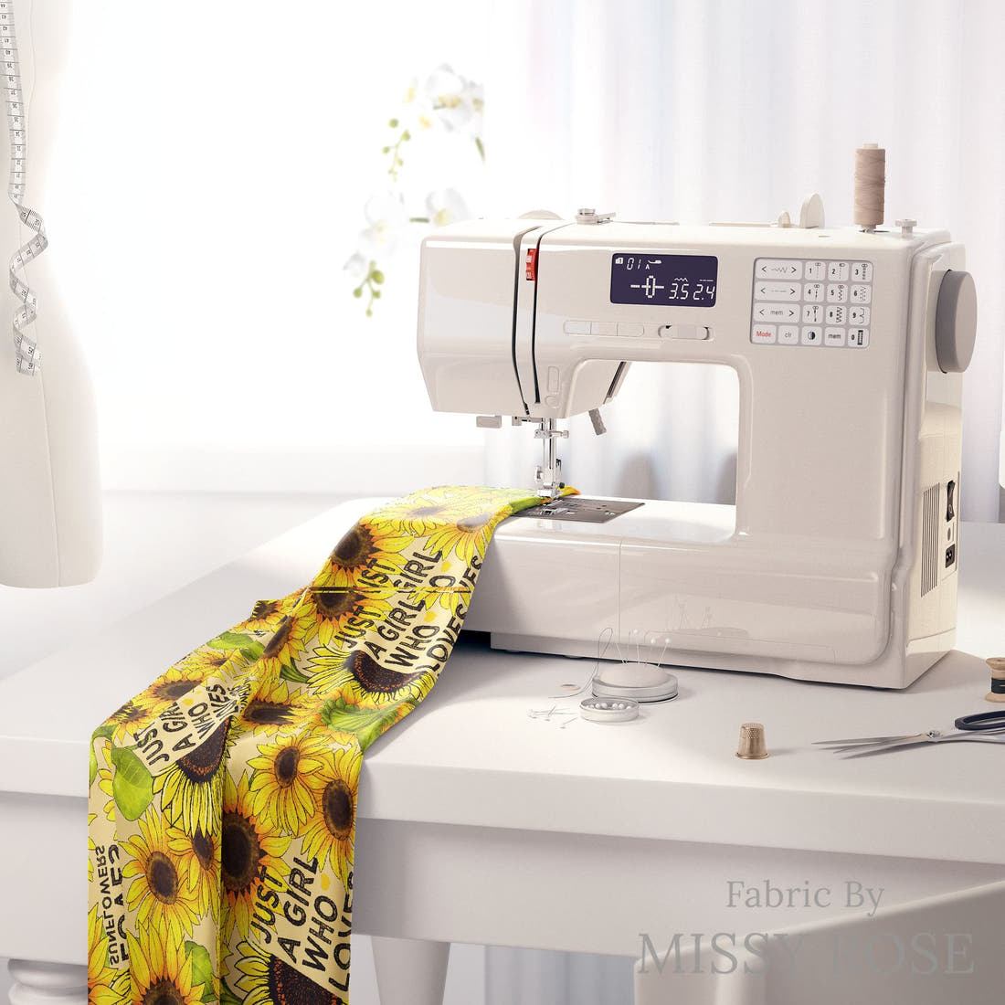 Design 449 Sunflower Fabric on a sewing machine – premium fabric for sewing projects | Fabric by Missy Rose