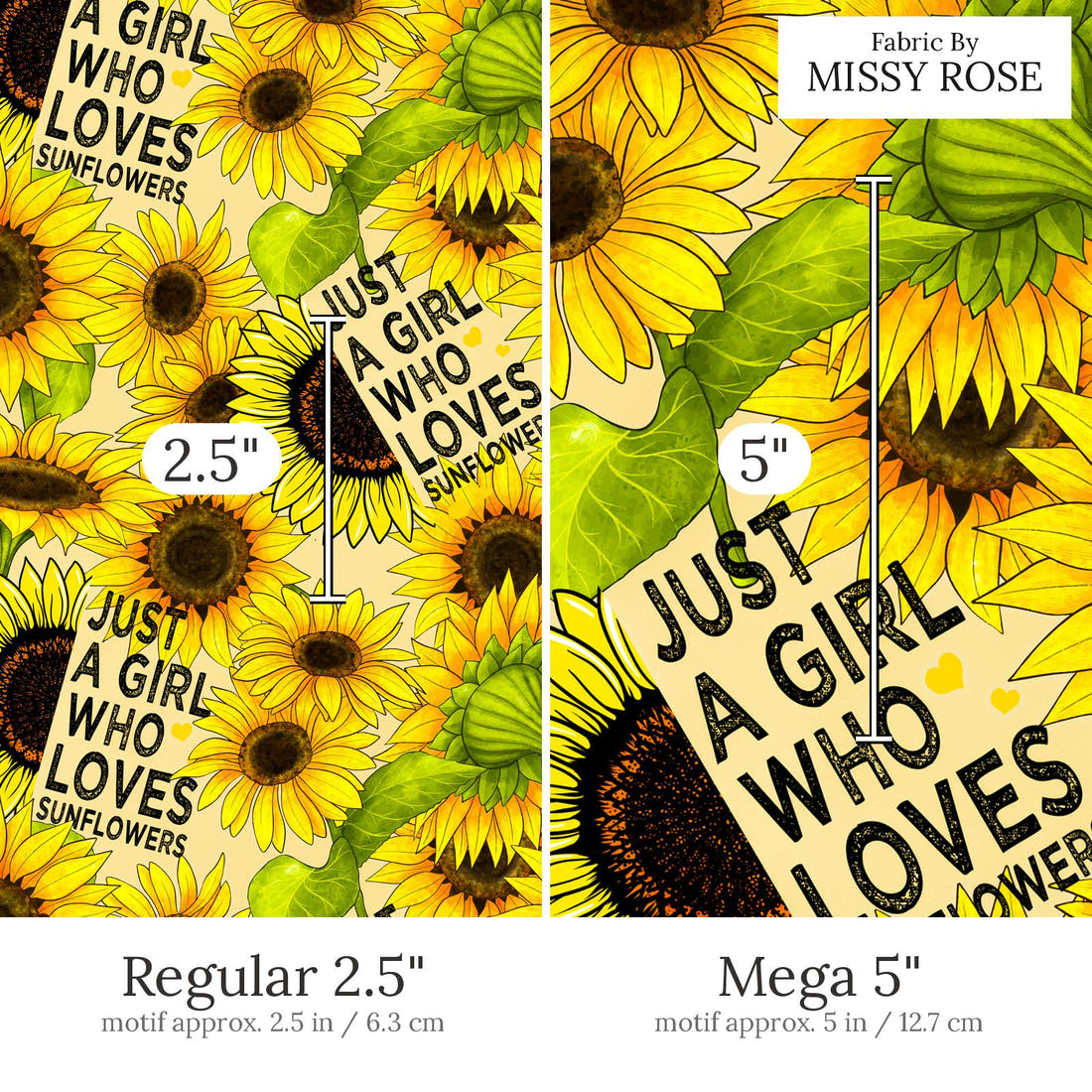 Design 449 Sunflower Fabric Regular 2.5 inch vs Mega 5 inch print scale side by side | Fabric by Missy Rose