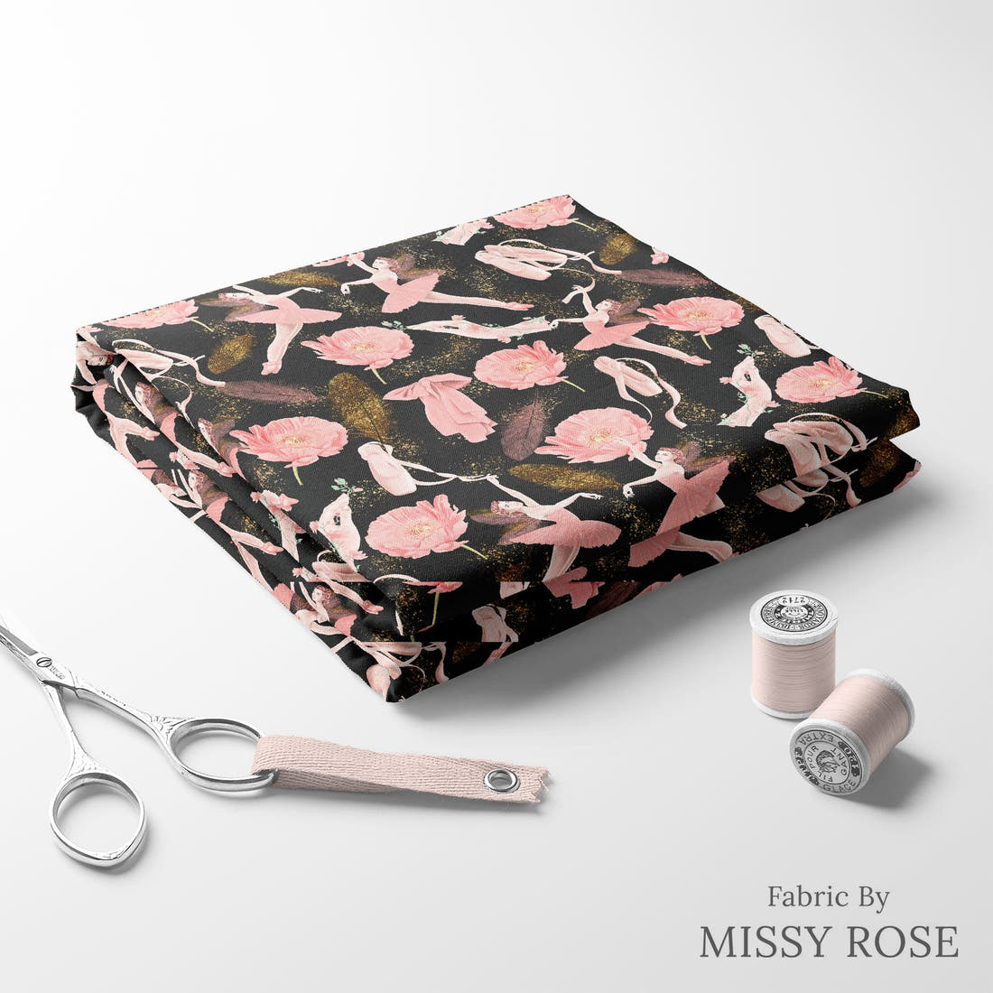 Design 45 Ballerina Fabric folded fabric stack with matching thread – pre-order fabric Australia | Fabric by Missy Rose