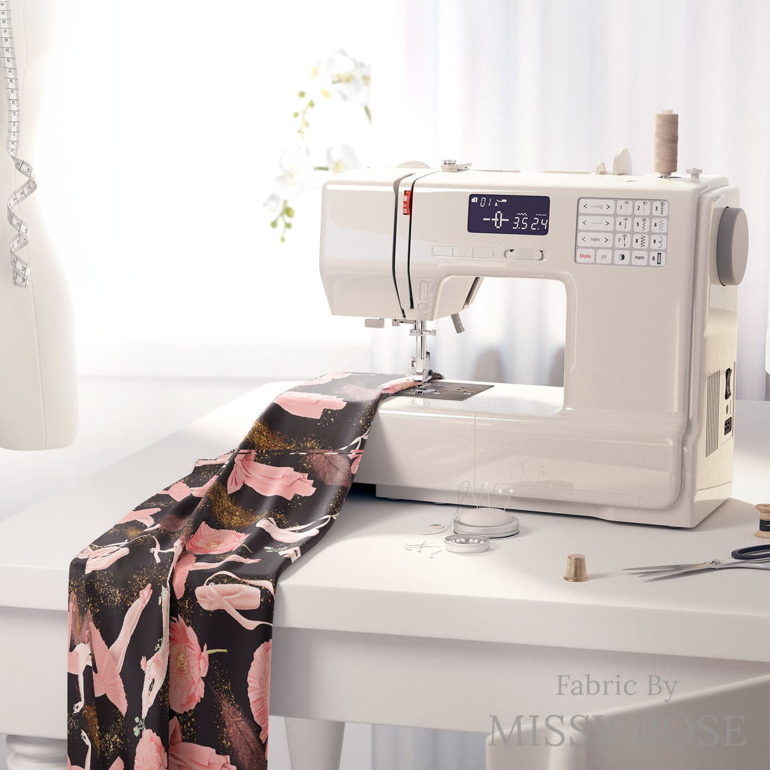 Design 45 Ballerina Fabric on a sewing machine – premium fabric for sewing projects | Fabric by Missy Rose