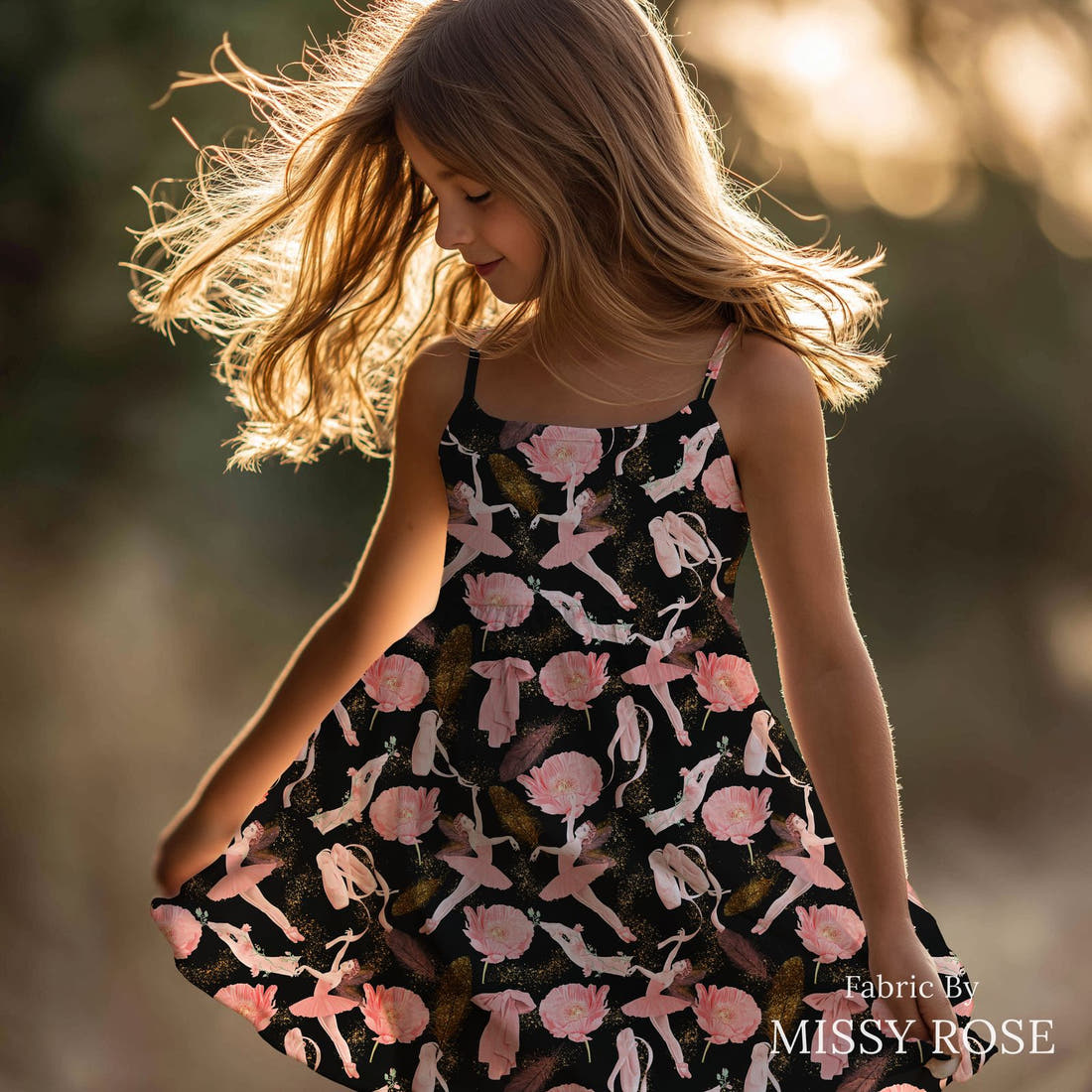 Design 45 Ballerina Fabric sewn into a girls' dress – see how the print looks made up | Fabric by Missy Rose
