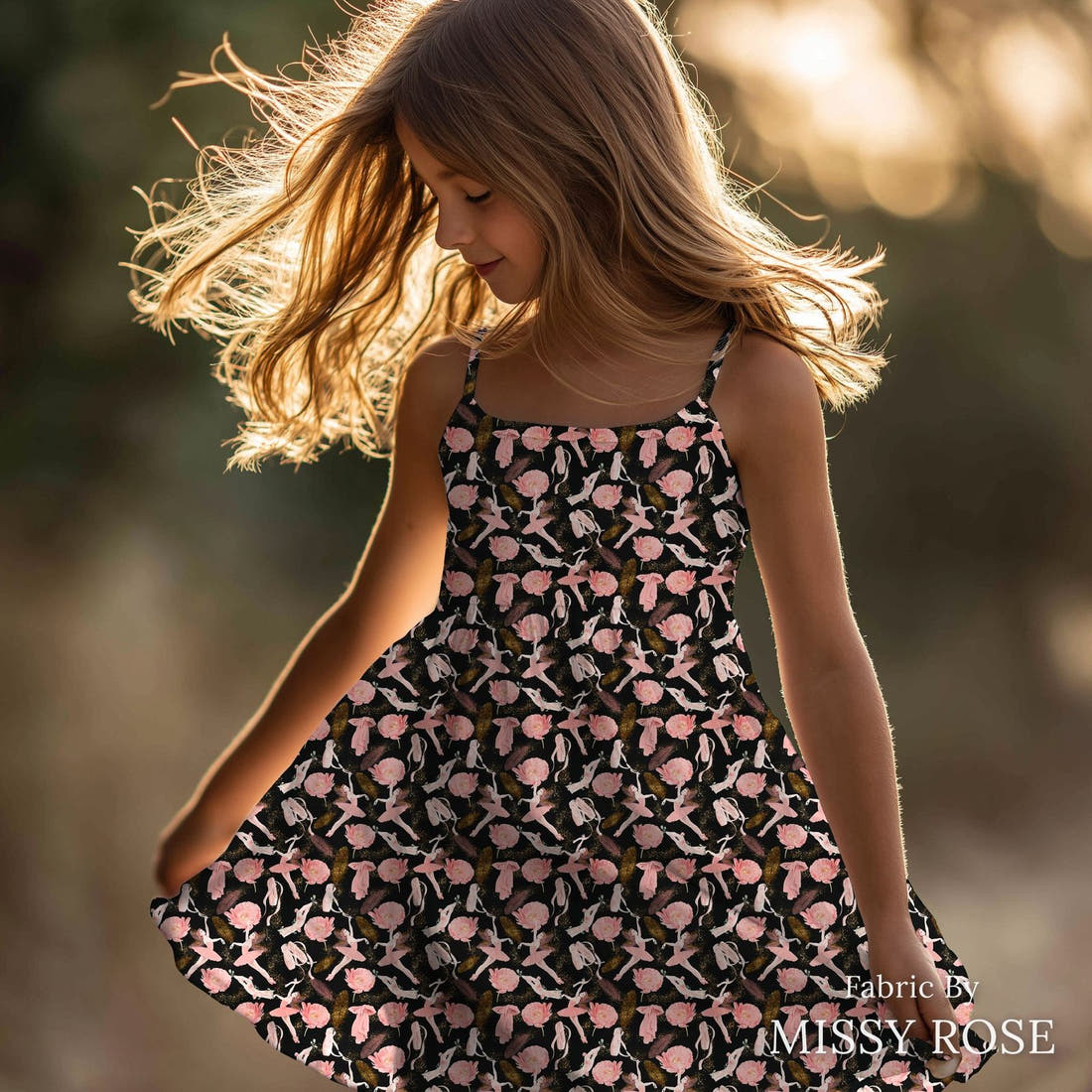 Design 45 Ballerina Fabric sewn into a girls' dress – see how the print looks made up | Fabric by Missy Rose