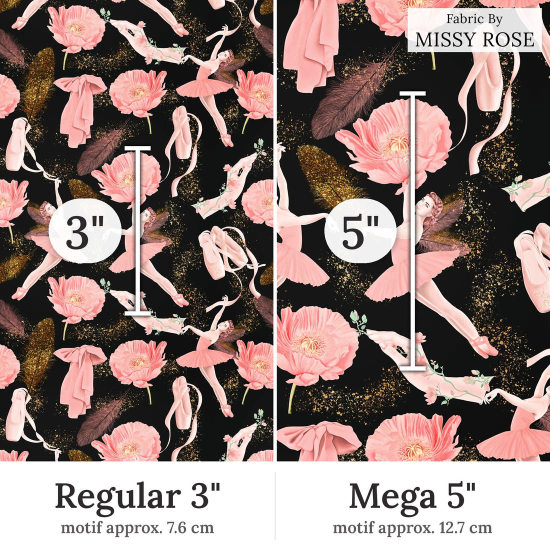 Design 45 Ballerina Fabric Regular 3 inch vs Mega 5 inch print scale side by side | Fabric by Missy Rose