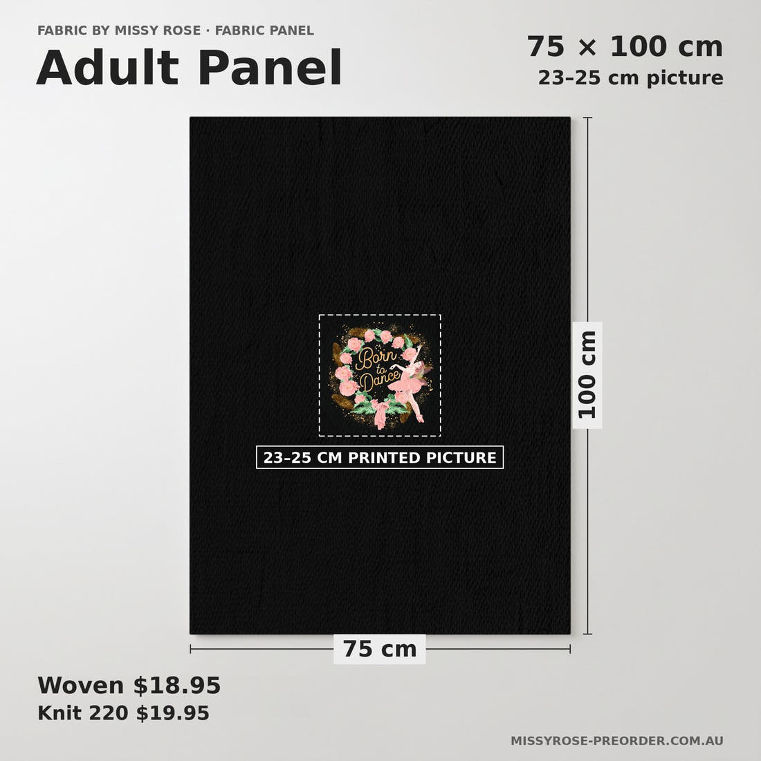 Design 45 Ballerina Panel adult panel sizing – 23–25 cm printed picture on 75 × 100 cm fabric | Fabric by Missy Rose