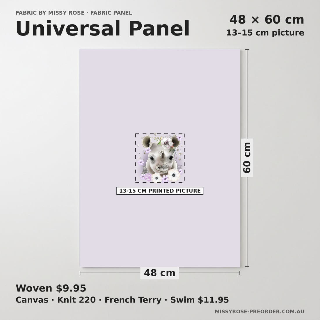 Design 450 Purple Rhino Panel universal panel sizing – 13–15 cm printed picture on 48 × 60 cm fabric | Fabric by Missy Rose