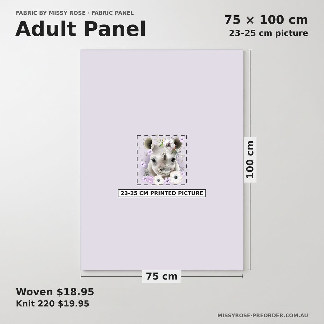 Design 450 Purple Rhino Panel adult panel sizing – 23–25 cm printed picture on 75 × 100 cm fabric | Fabric by Missy Rose