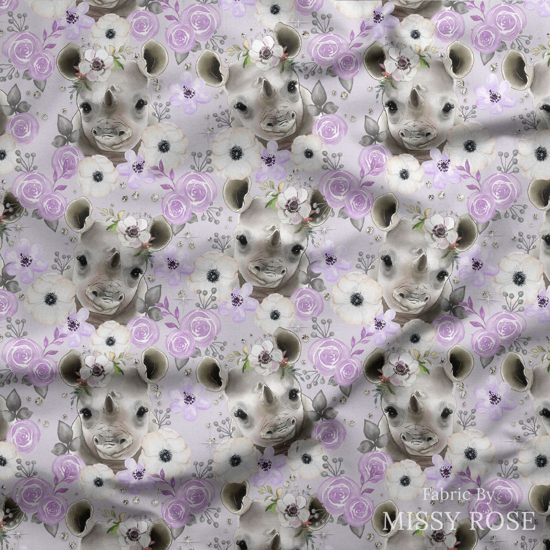 Design 450 Purple Rhino Fabric draped fabric mockup – custom printed fabric by the metre | Fabric by Missy Rose