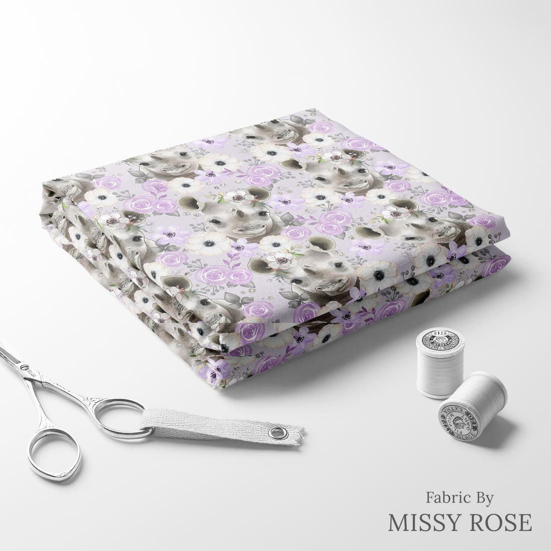 Design 450 Purple Rhino Fabric folded fabric stack with matching thread – pre-order fabric Australia | Fabric by Missy Rose