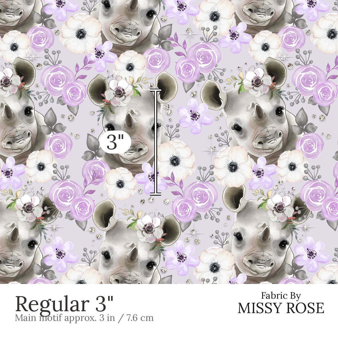 Design 450 Purple Rhino Fabric Regular 3 inch print scale guide | Fabric by Missy Rose
