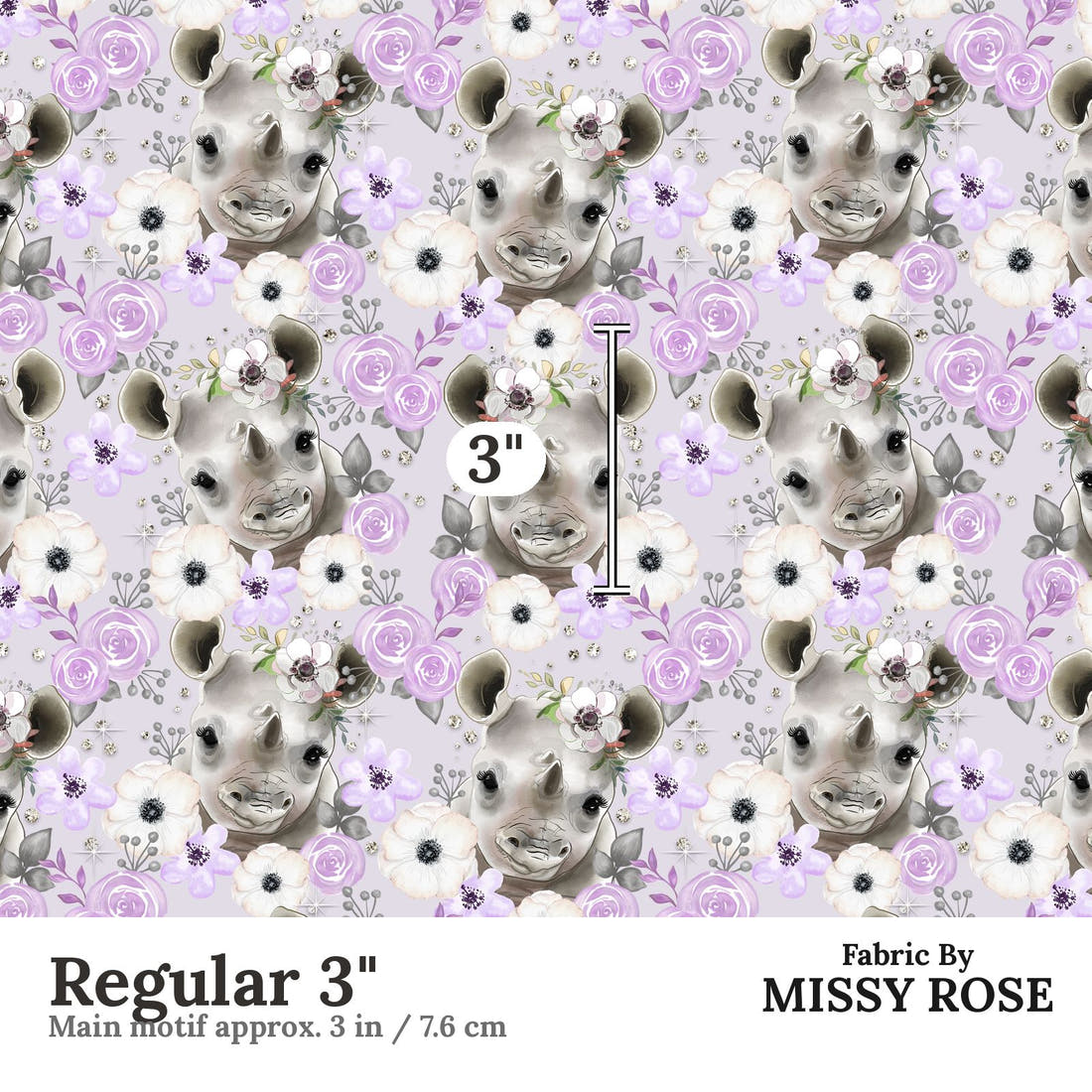 Design 450 Purple Rhino Fabric Regular 3" - print scale | Fabric by Missy Rose