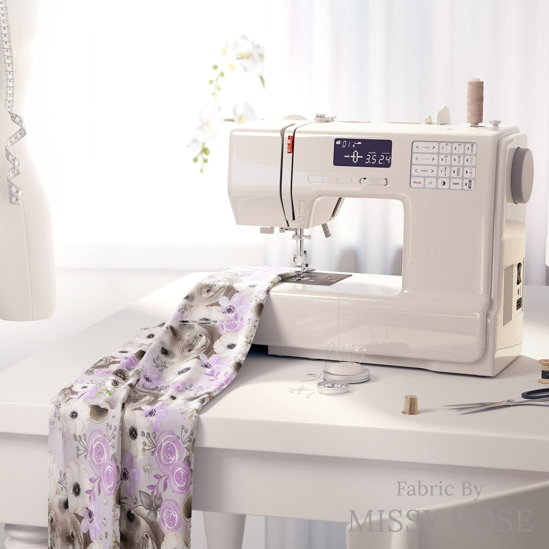 Design 450 Purple Rhino Fabric on a sewing machine – premium fabric for sewing projects | Fabric by Missy Rose