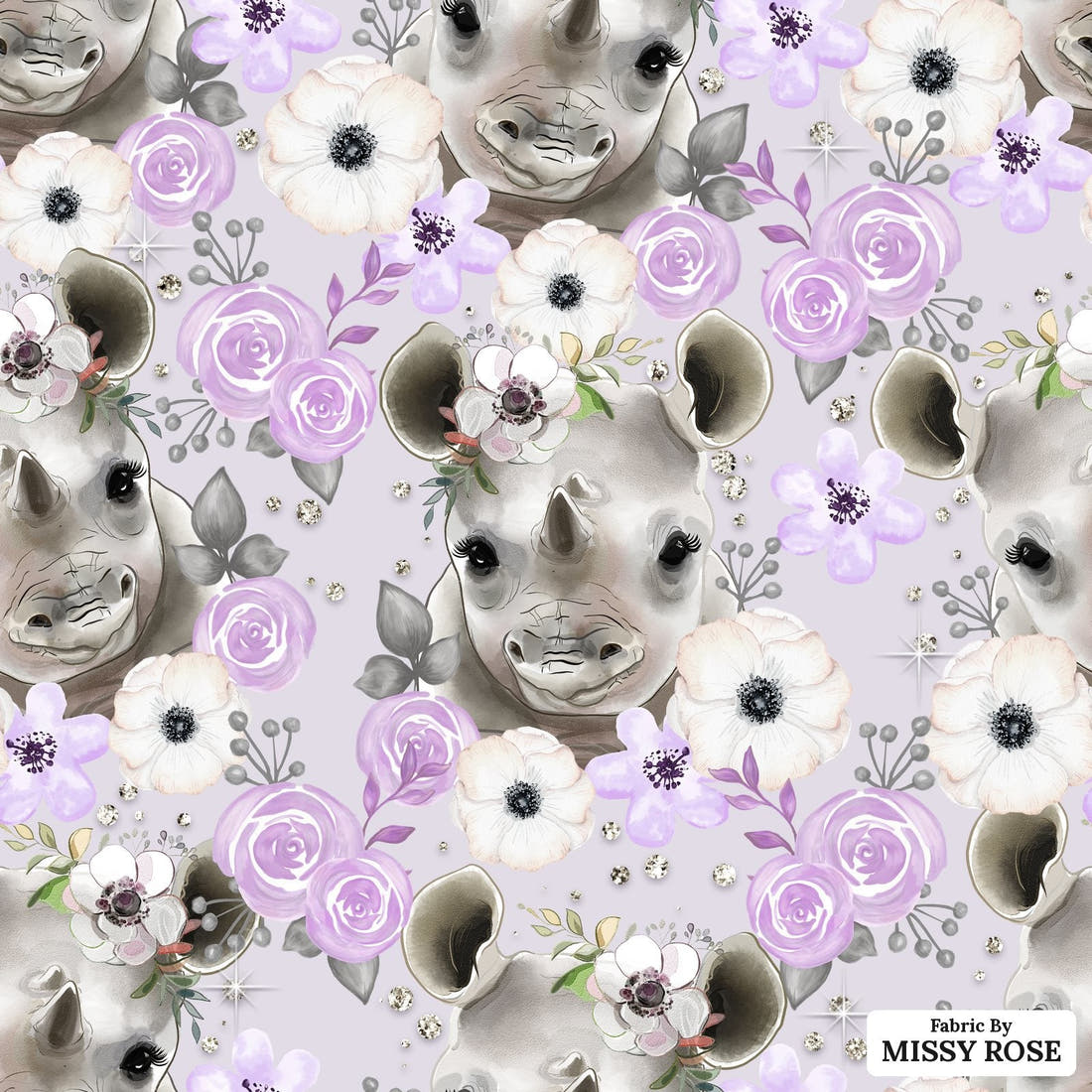 Design 450 Purple Rhino Fabric - flat view of the print, zoom in for detail | Fabric by Missy Rose