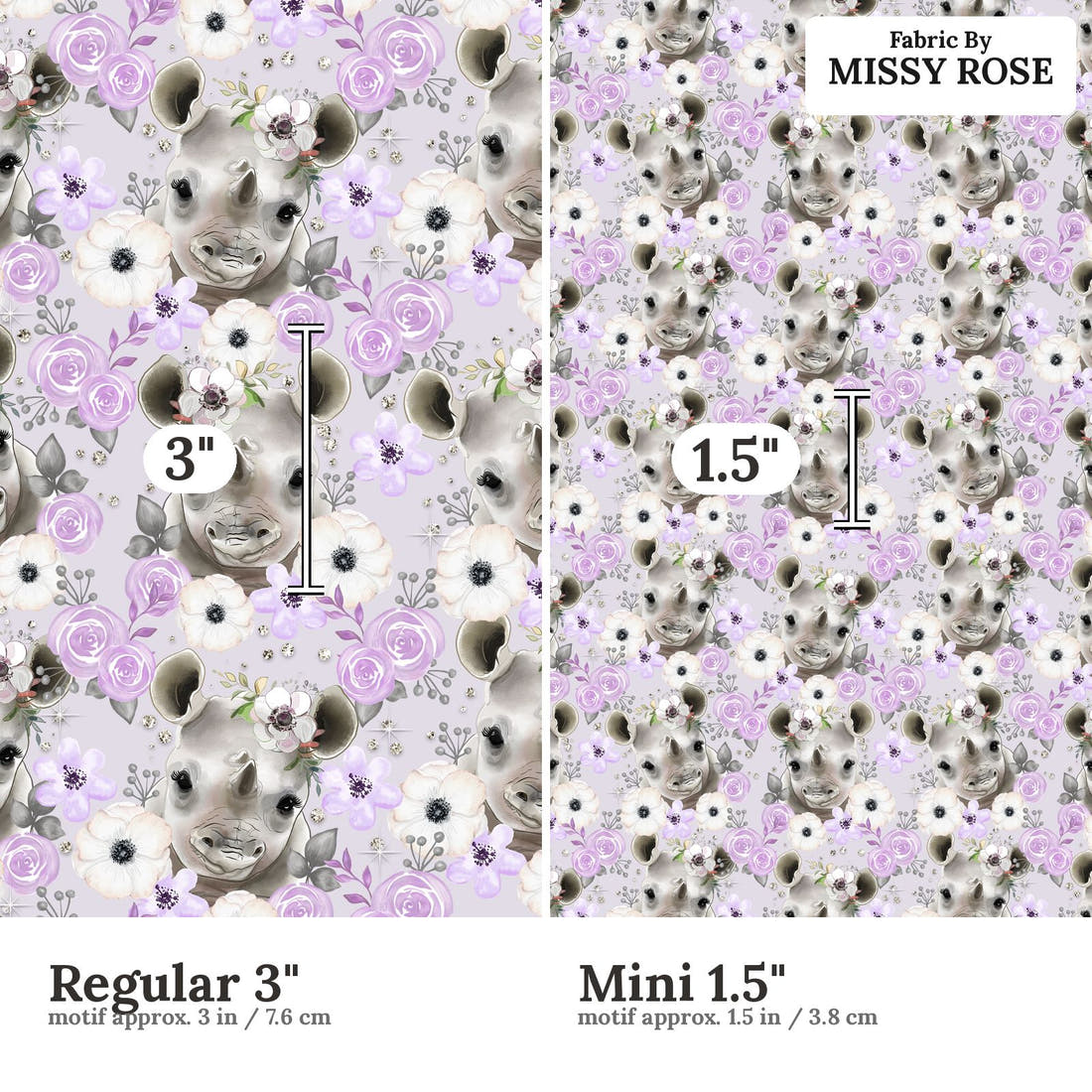 Design 450 Purple Rhino Fabric size comparison - print scale | Fabric by Missy Rose