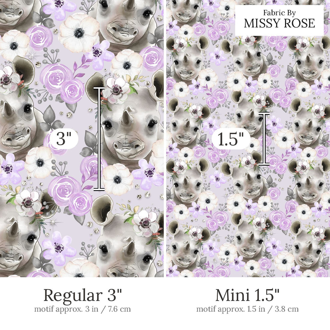 Design 450 Purple Rhino Fabric Regular 3 inch vs Mini 1.5 inch print scale side by side | Fabric by Missy Rose